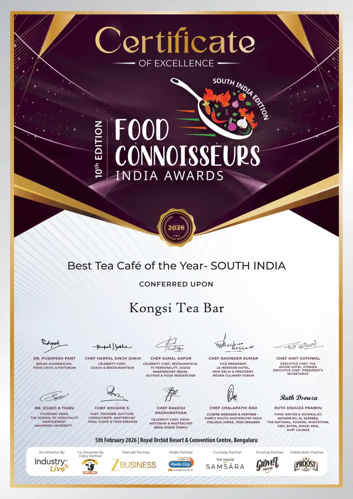 Food Connoisseurs India Best Tea Café of the Year Award